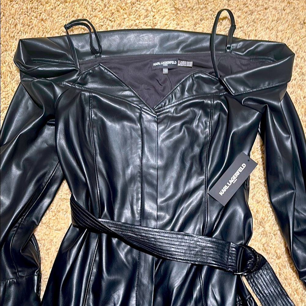 Stunning! Karl Lagerfeld Black Faux-Leather Off-Shoulder Belted Dress. Gorgeous